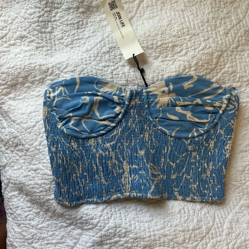 zara blue and white corset top